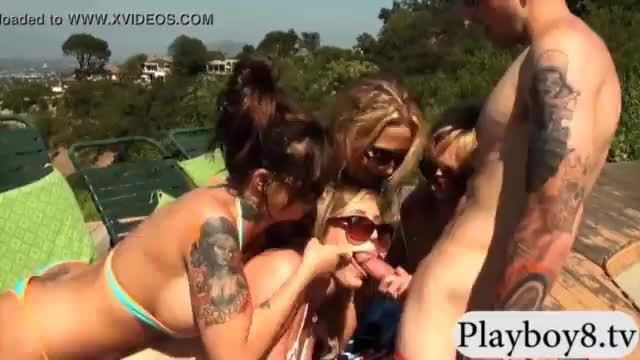 Curvy women in bikini group sex with nasty man outdoors